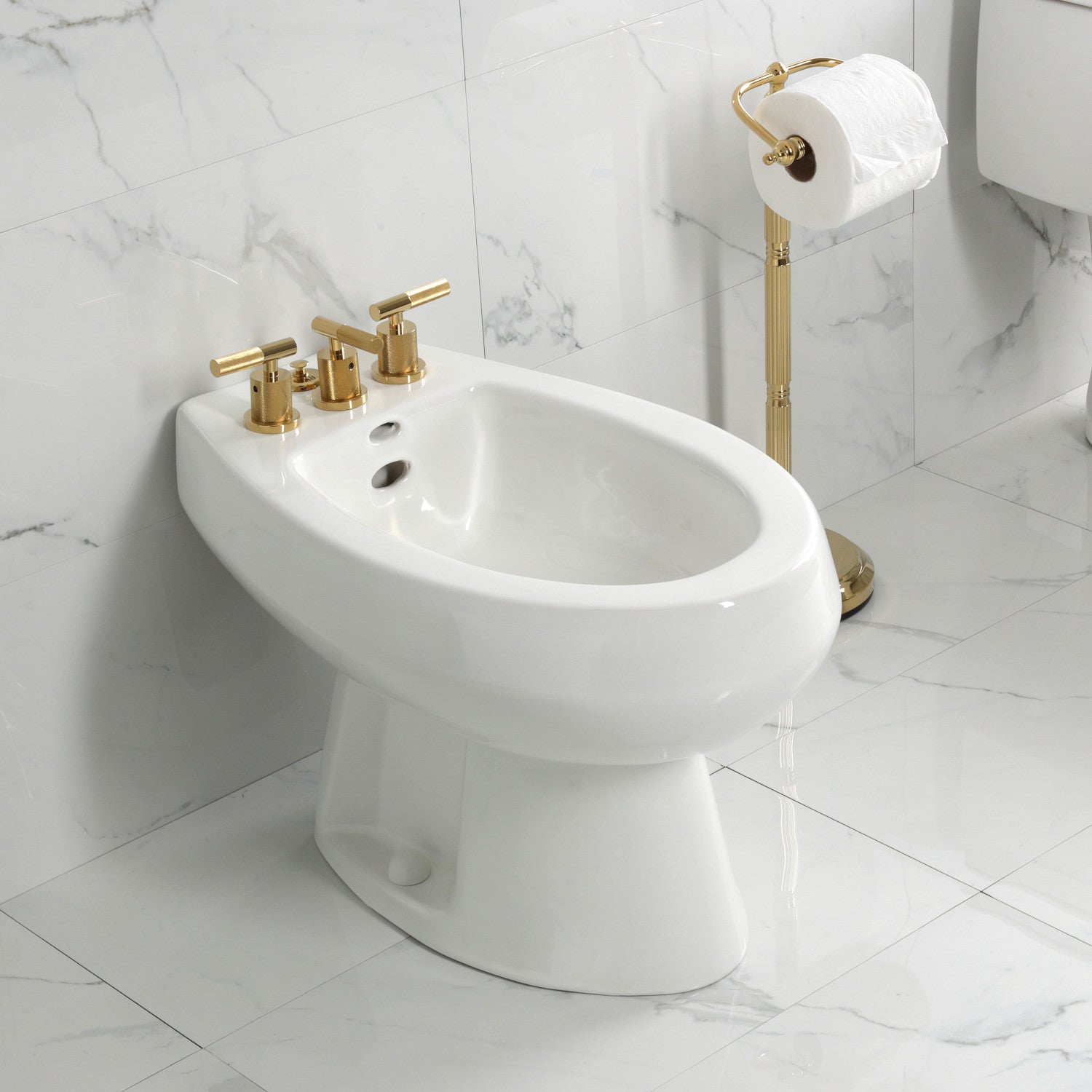 Kingston Sona KB6322KNL - Convergent Three-Handle Deck Mount Bidet Faucet with Knurled Handle and Brass Pop-Up, Polished Brass — thumbnail 2